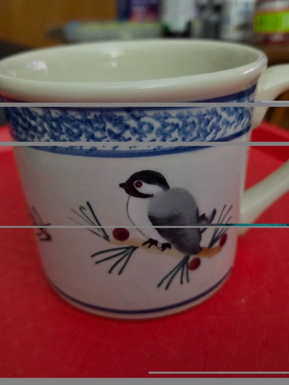 hand painted hartstone pottery chickadee and pine design classic blue pattern